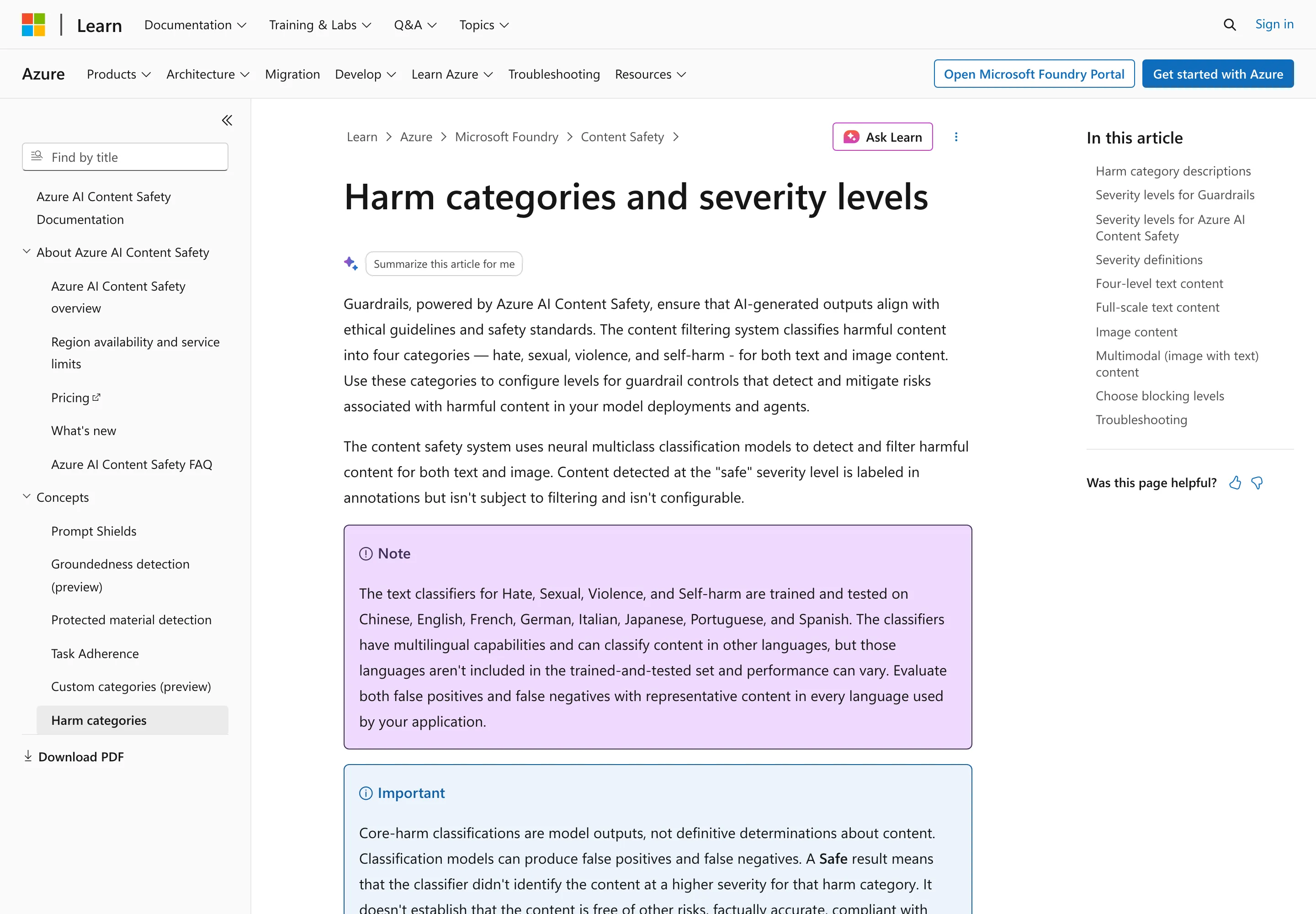 Azure AI Content Safety’s harm categories on learn.microsoft.com
