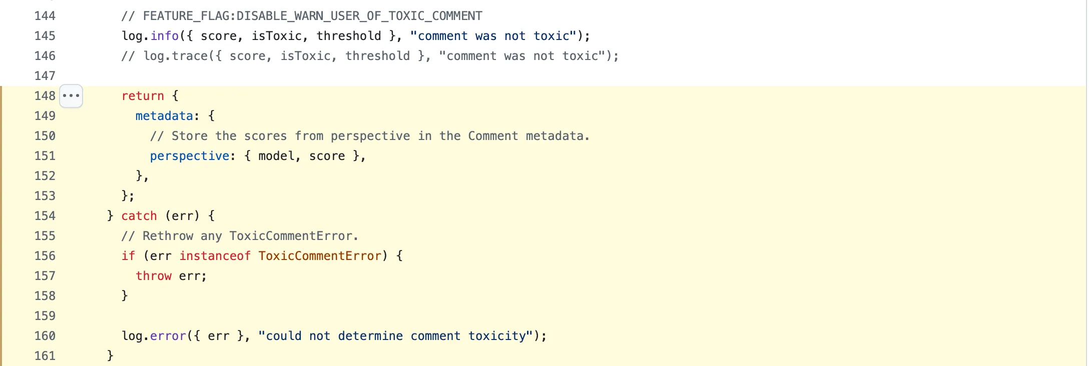 Coral’s toxic comment filter in toxic.ts: the catch block rethrows a ToxicCommentError and otherwise logs could not determine comment toxicity and returns