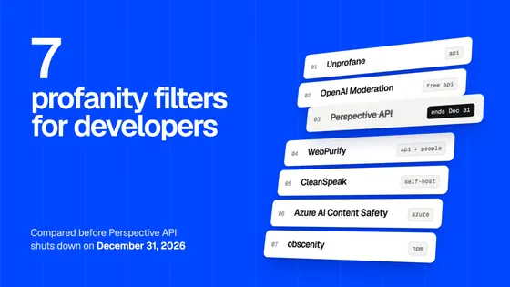 A cover in signal blue: 7 profanity filters for developers, compared before Perspective API shuts down on December 31, 2026, beside a stack of seven cards naming them, Perspective pulled out and marked ends Dec 31