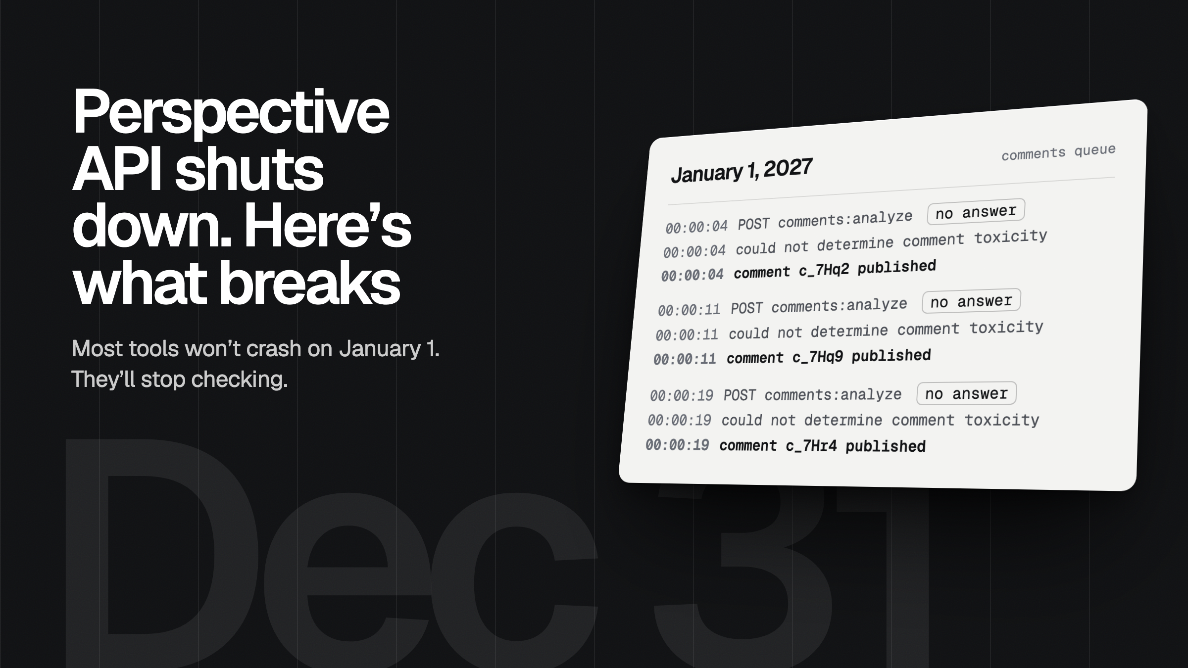 A cover in ink: Perspective API shuts down, here’s what breaks, beside a comments queue on January 1, 2027 where every toxicity check gets no answer and every comment is published
