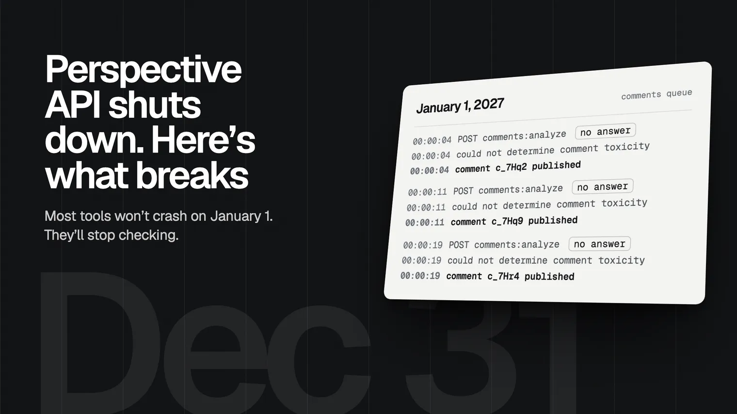 A cover in ink: Perspective API shuts down, here’s what breaks, beside a comments queue on January 1, 2027 where every toxicity check gets no answer and every comment is published