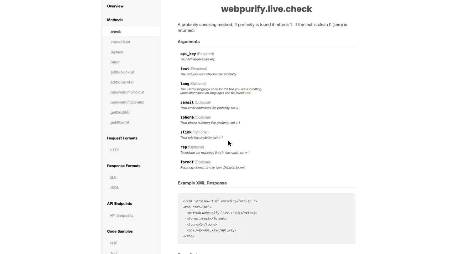 WebPurify’s documentation for its check method